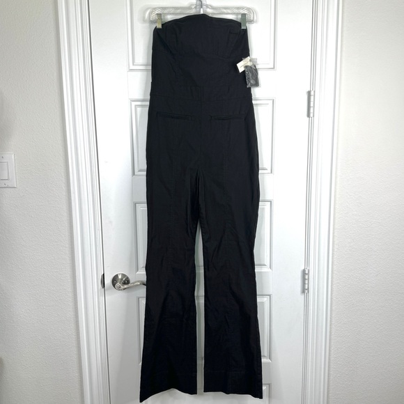 ANTHROPOLOGIE Maeve Strapless Slim Flare Jumpsuit NEW Size 10 Black Magic Fabric - Picture 2 of 14